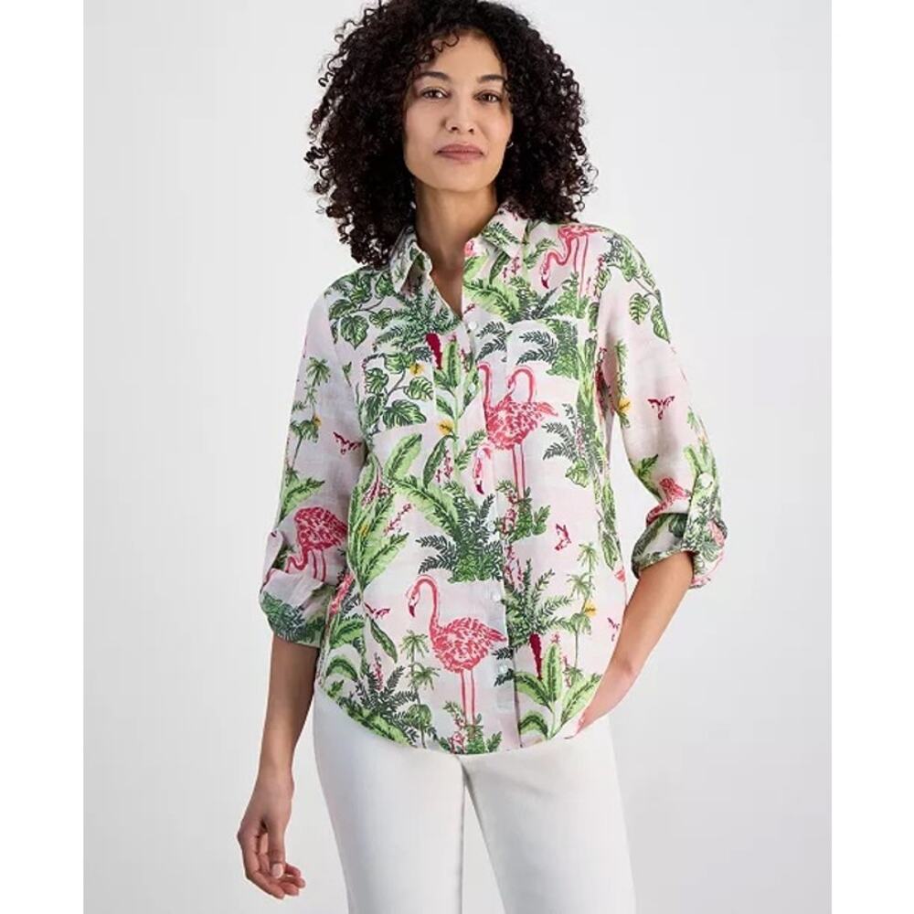Charter Club Luxury 100% Linen Button Up Flamingo Palm Beach Shirt Large Petite